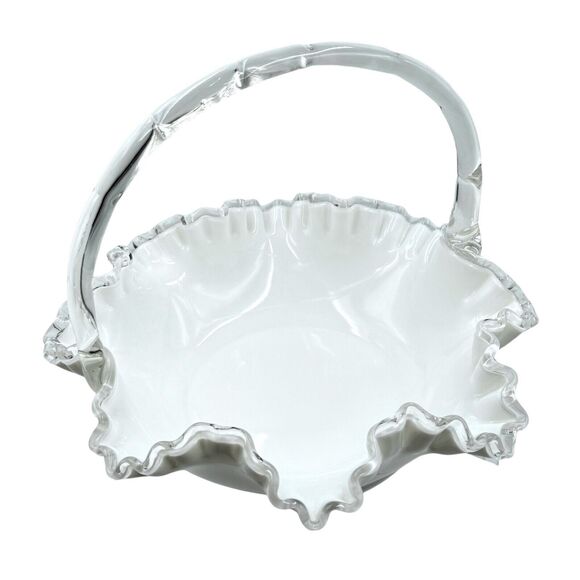 Vintage Fenton Silver Crest Bridal Basket White Ruffled Clear Edges Handle Large - Picture 7 of 16